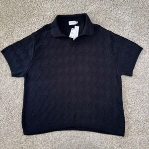 Topman Mens XL Black Diamond Textured Knit Short Sleeve V-Neck Polo‎ Shirt NWT